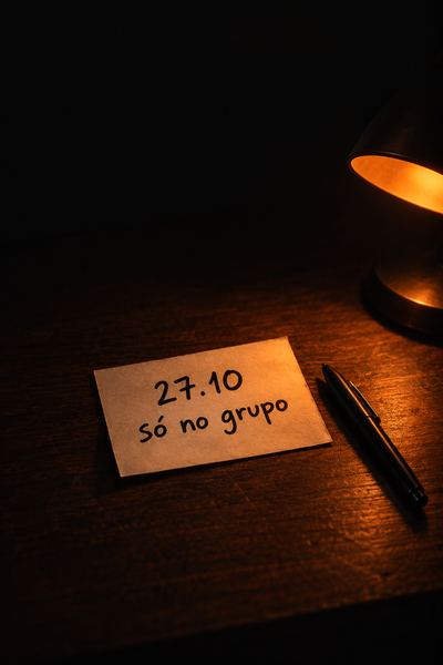Bilhete escrito à mão numa mesa escura: 27/10, só no grupo