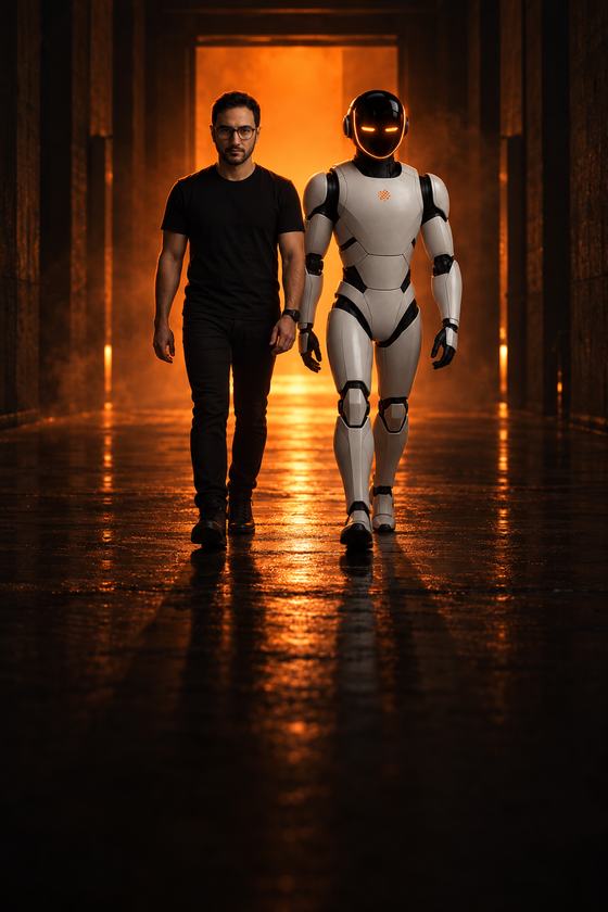 Robô andando ao lado do Bruno